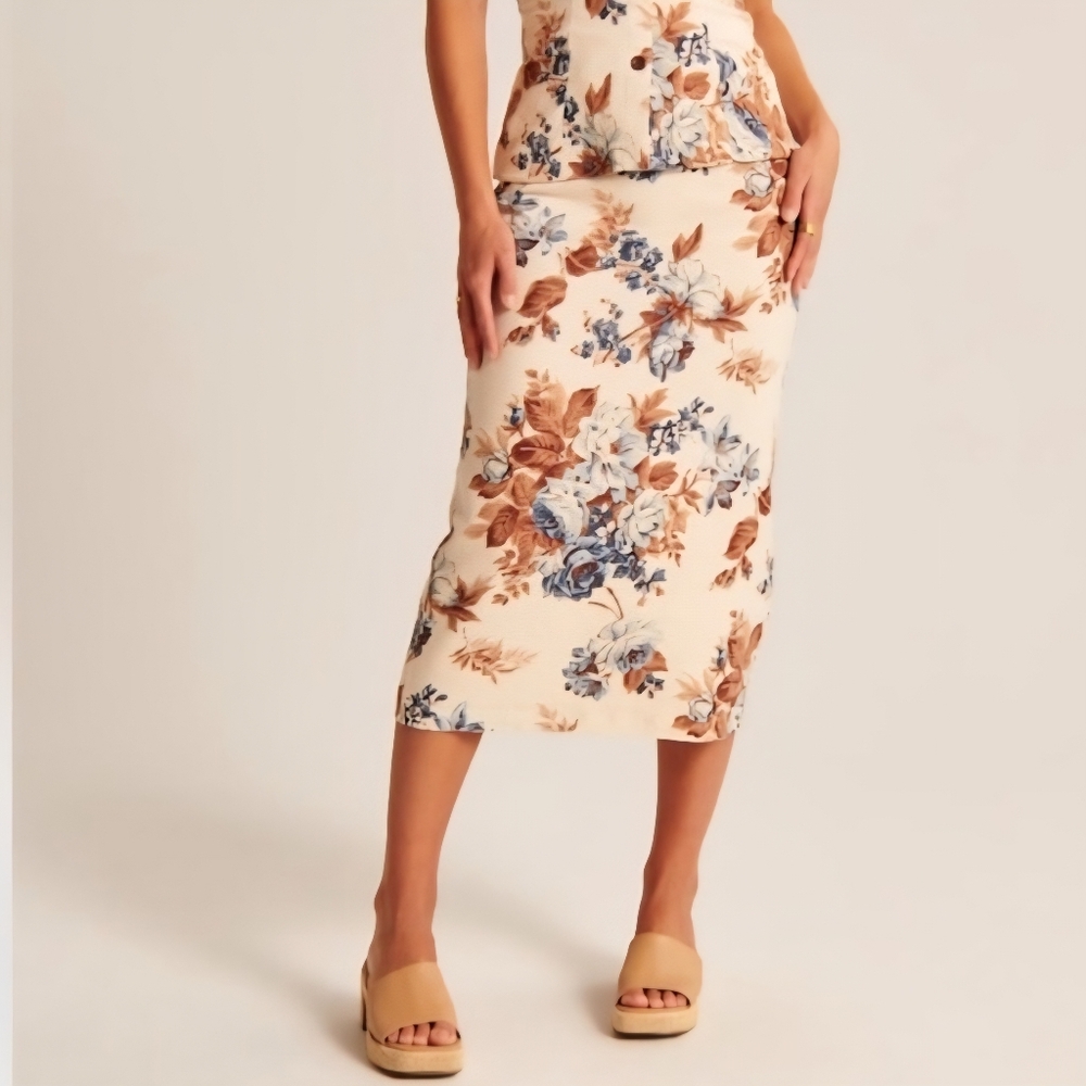 NWT Abercrombie Fitch linen blend column midi midaxi skirt brown blue floral XL